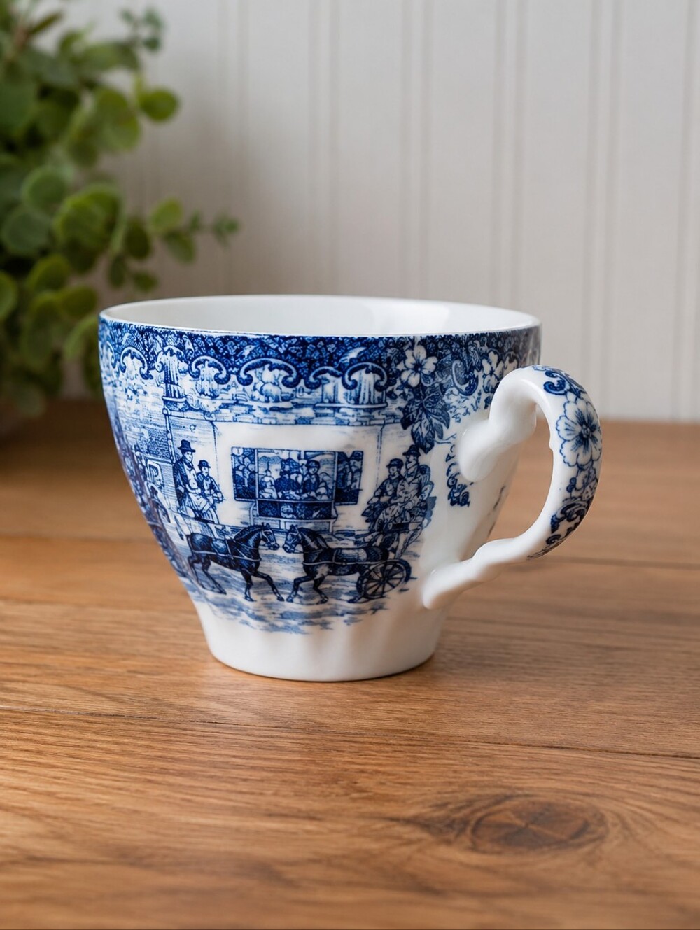 Vintage Blue And White Transferware Horse And Carriage Teacup - England